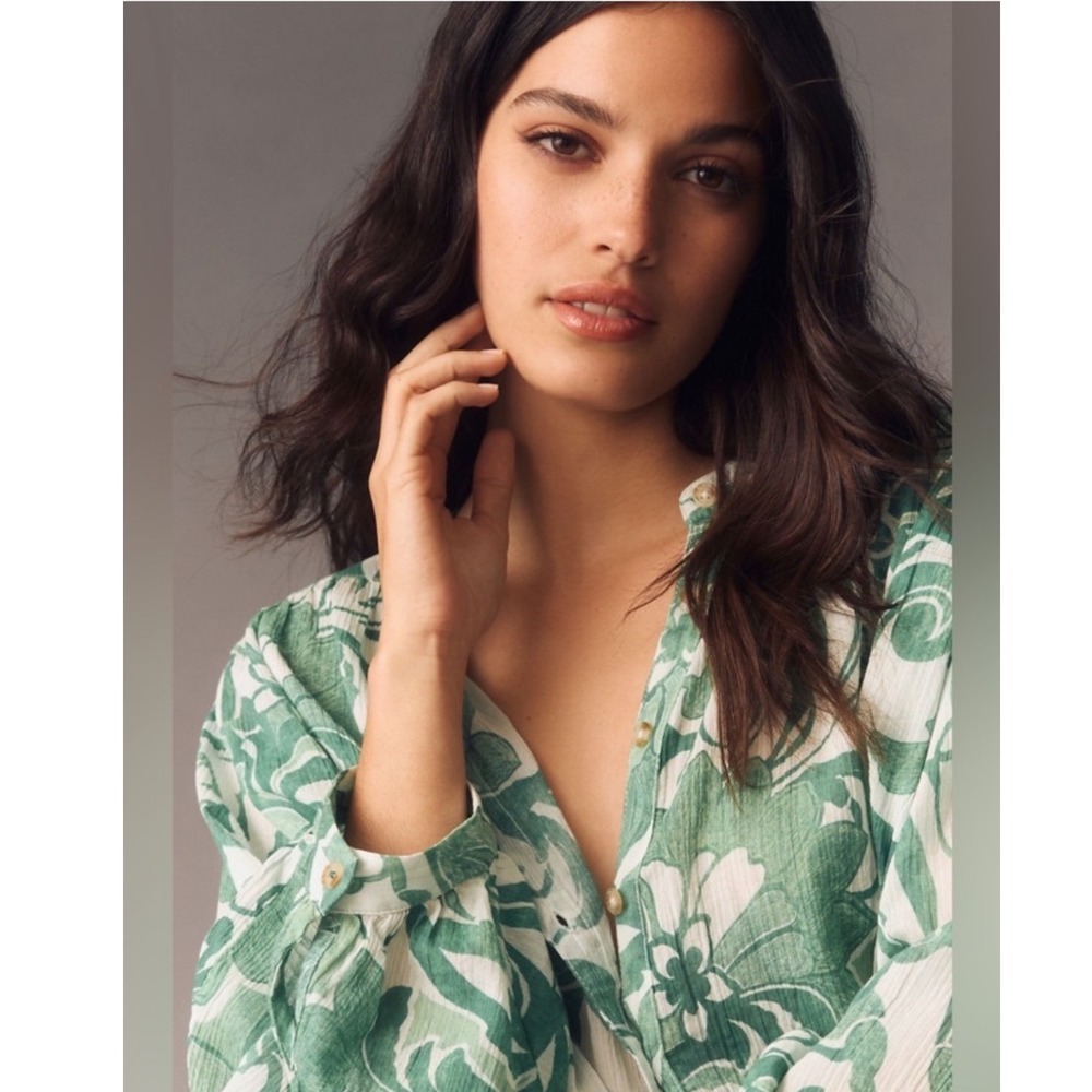 Pilcro Blouse Green White Floral Dolman Sleeve Button Up Boho Flowy Romantic - Picture 4 of 15